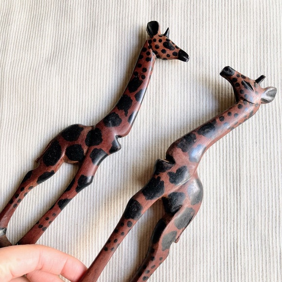 Vintage Hand Carved African Wooden Giraffe Salad Fork Spoon Serving Utensils Set - Picture 4 of 9